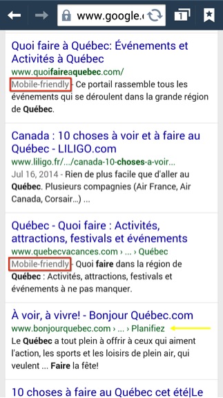 Résultats partiels de recherche sur mon smartphone pour “choses à faire au Québec”